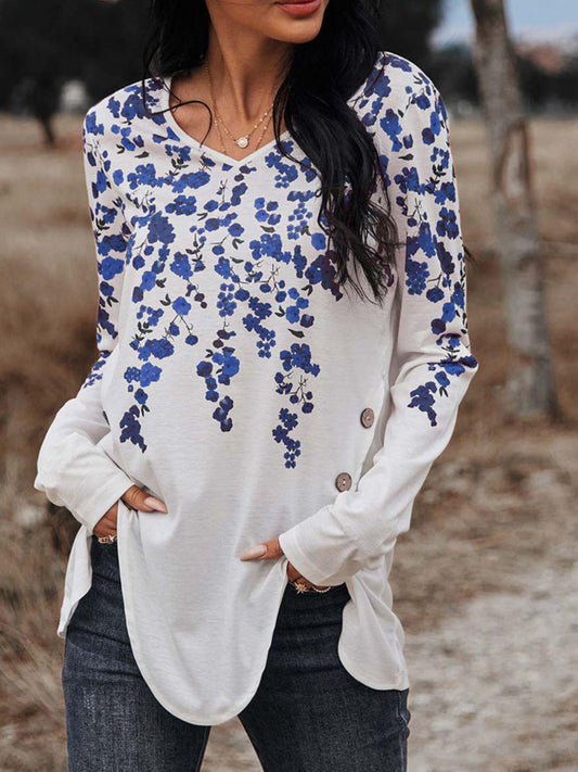 Floral Print V-Neck Long Sleeve Buttoned Tee-TOPS / DRESSES-[Adult]-[Female]-Royal Blue-S-2022 Online Blue Zone Planet