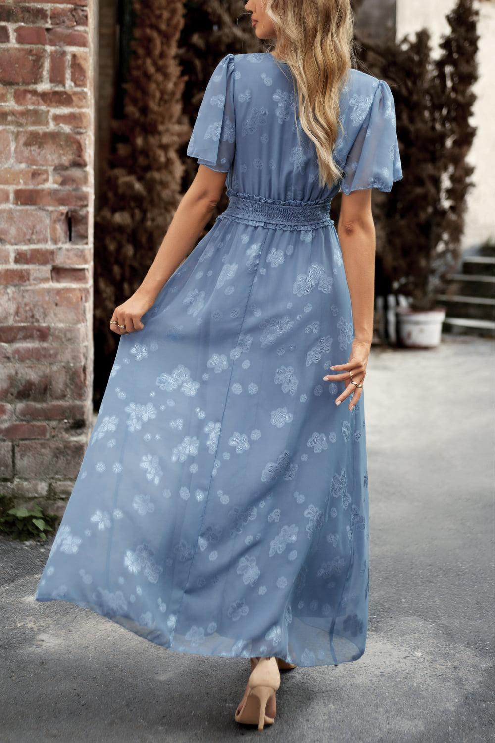 Floral Print V-Neck Smocked Waist High Slit Maxi Dress BLUE ZONE PLANET