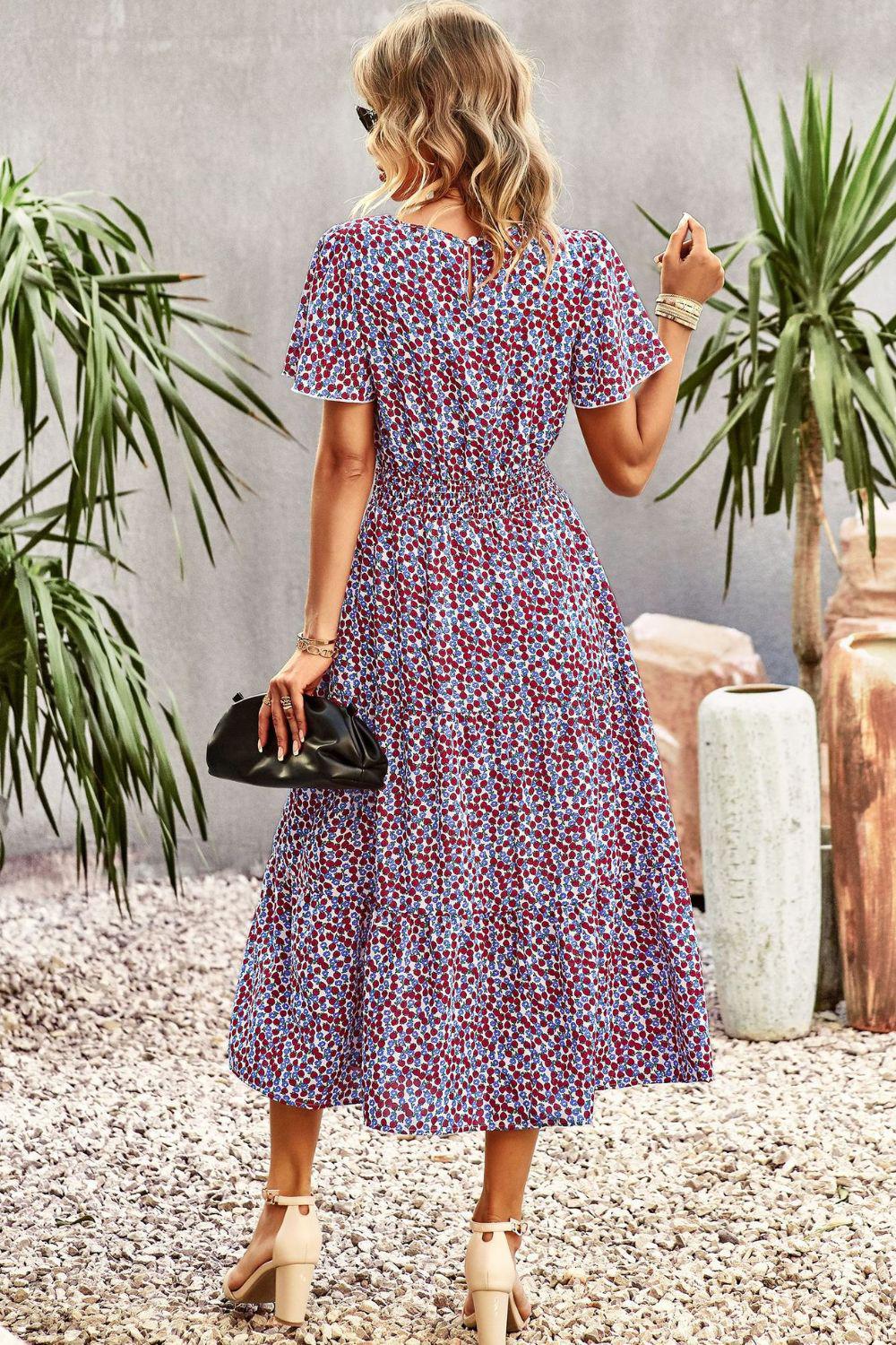 Floral Puff Sleeve Tiered Midi Dress BLUE ZONE PLANET