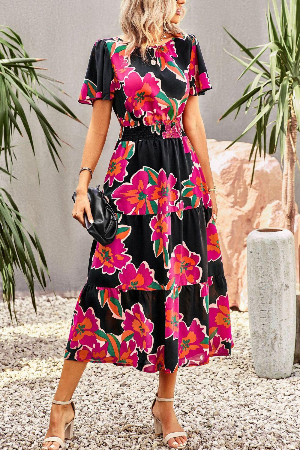 Floral Puff Sleeve Tiered Midi Dress BLUE ZONE PLANET