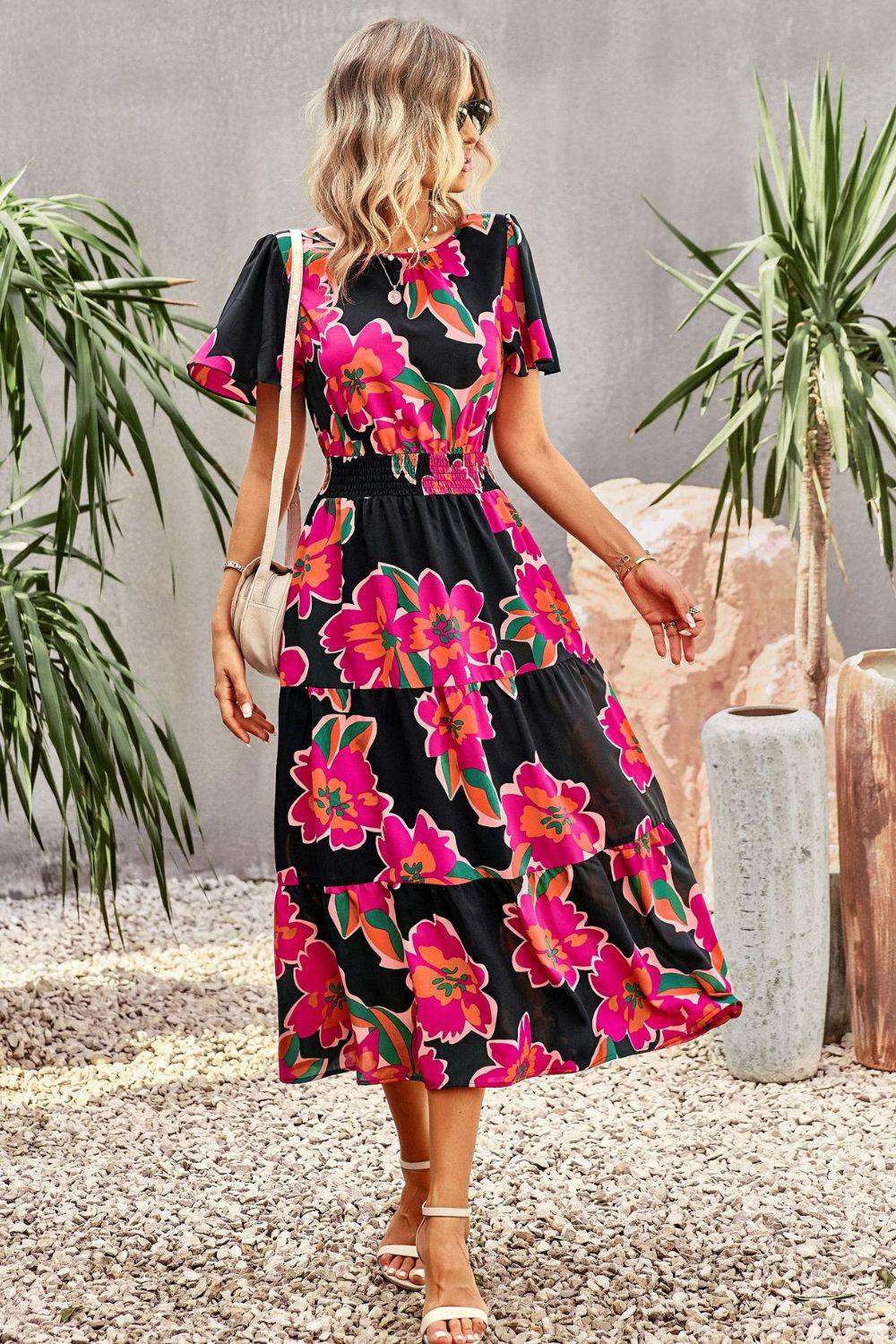 Floral Puff Sleeve Tiered Midi Dress BLUE ZONE PLANET