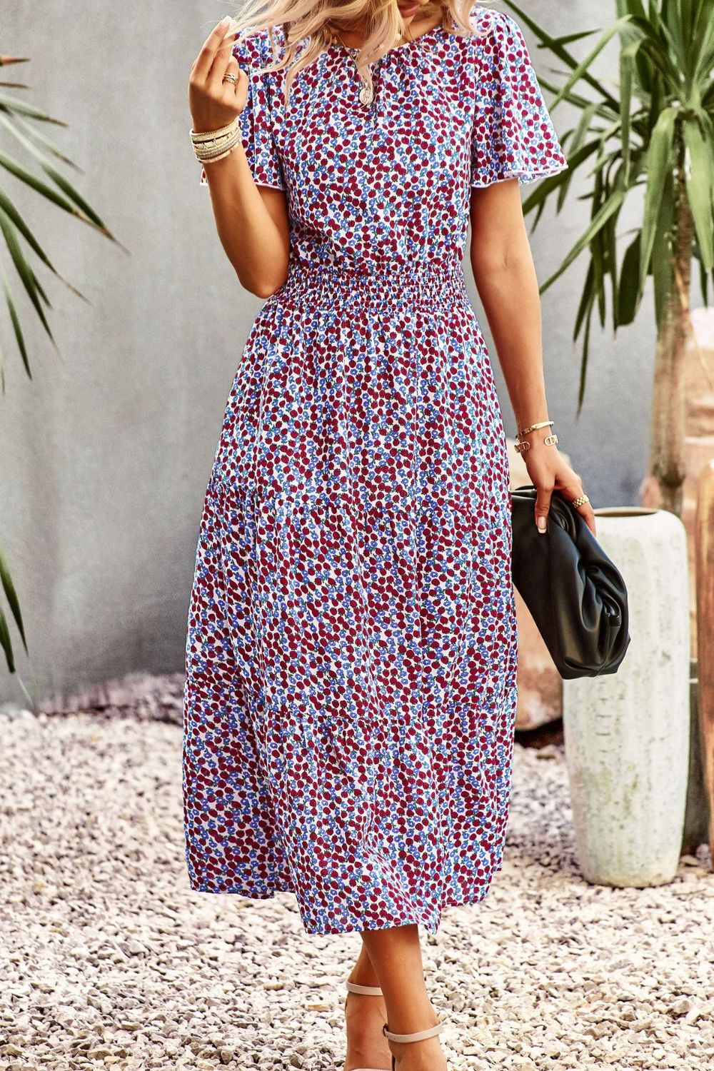 Floral Puff Sleeve Tiered Midi Dress BLUE ZONE PLANET