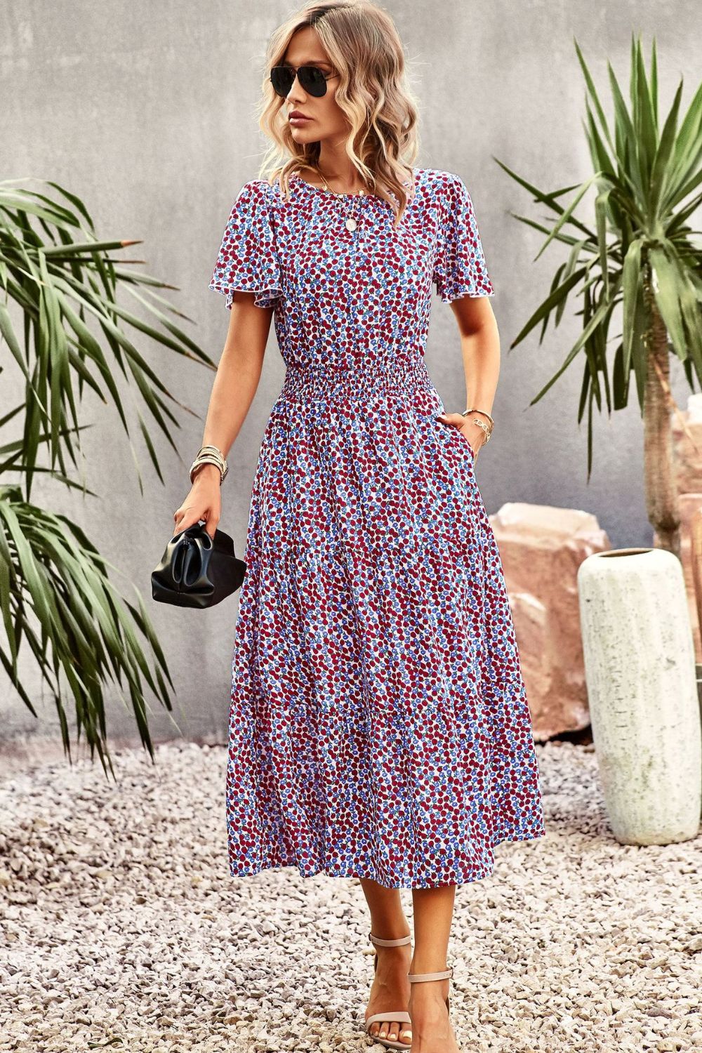 Floral Puff Sleeve Tiered Midi Dress BLUE ZONE PLANET