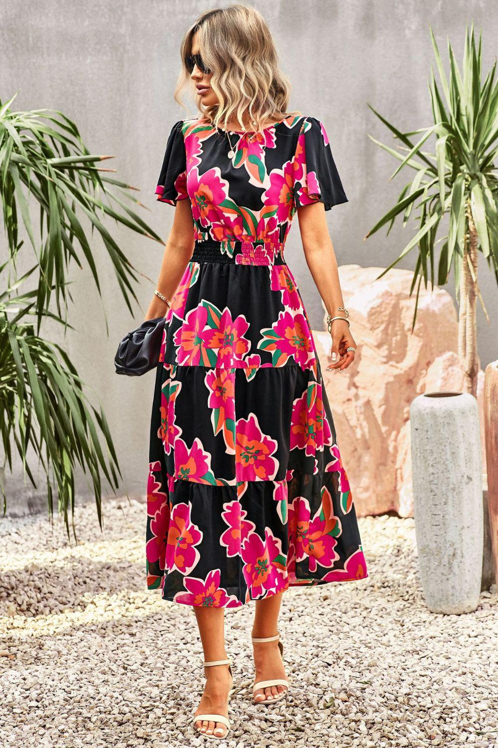 Floral Puff Sleeve Tiered Midi Dress BLUE ZONE PLANET