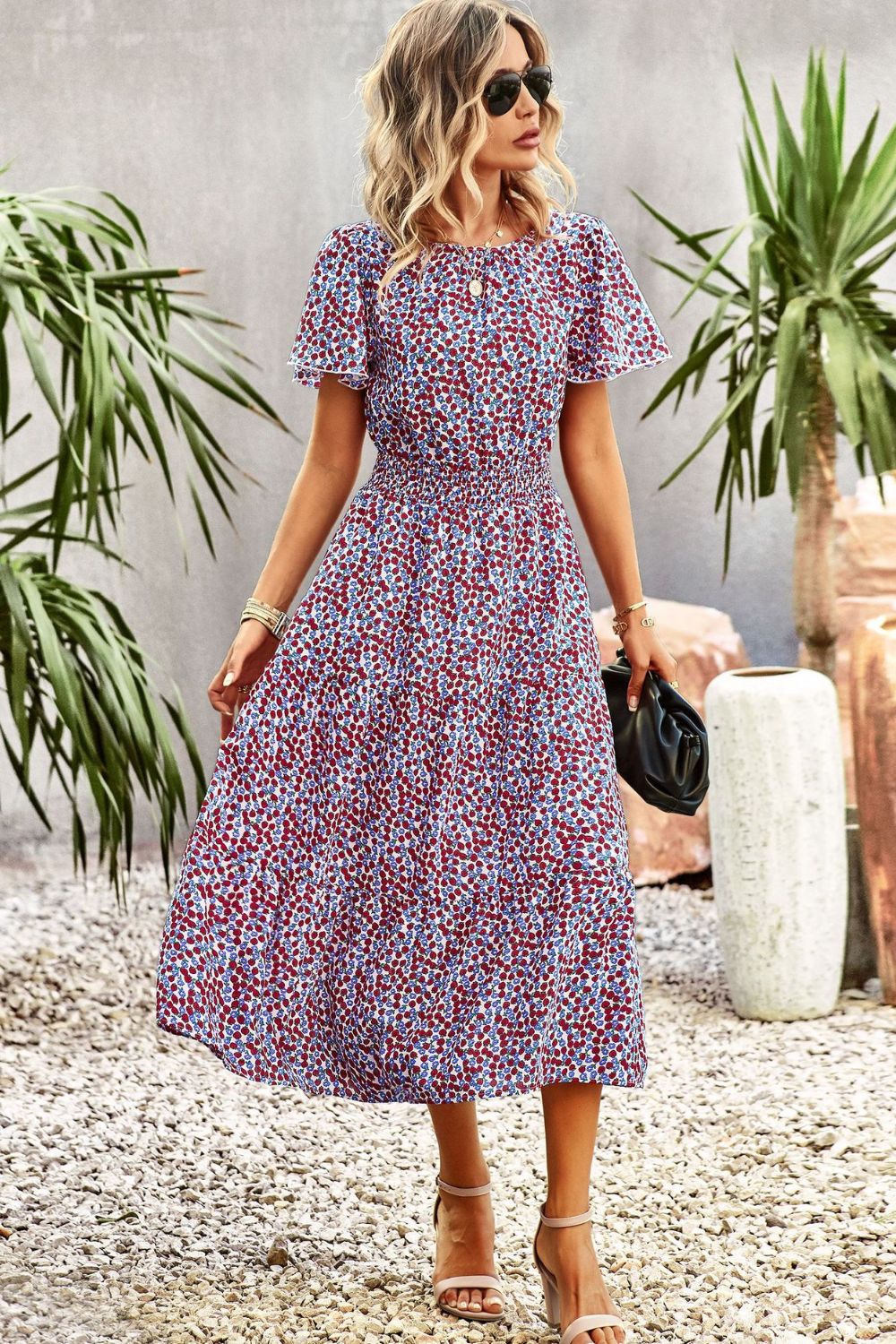 Floral Puff Sleeve Tiered Midi Dress BLUE ZONE PLANET