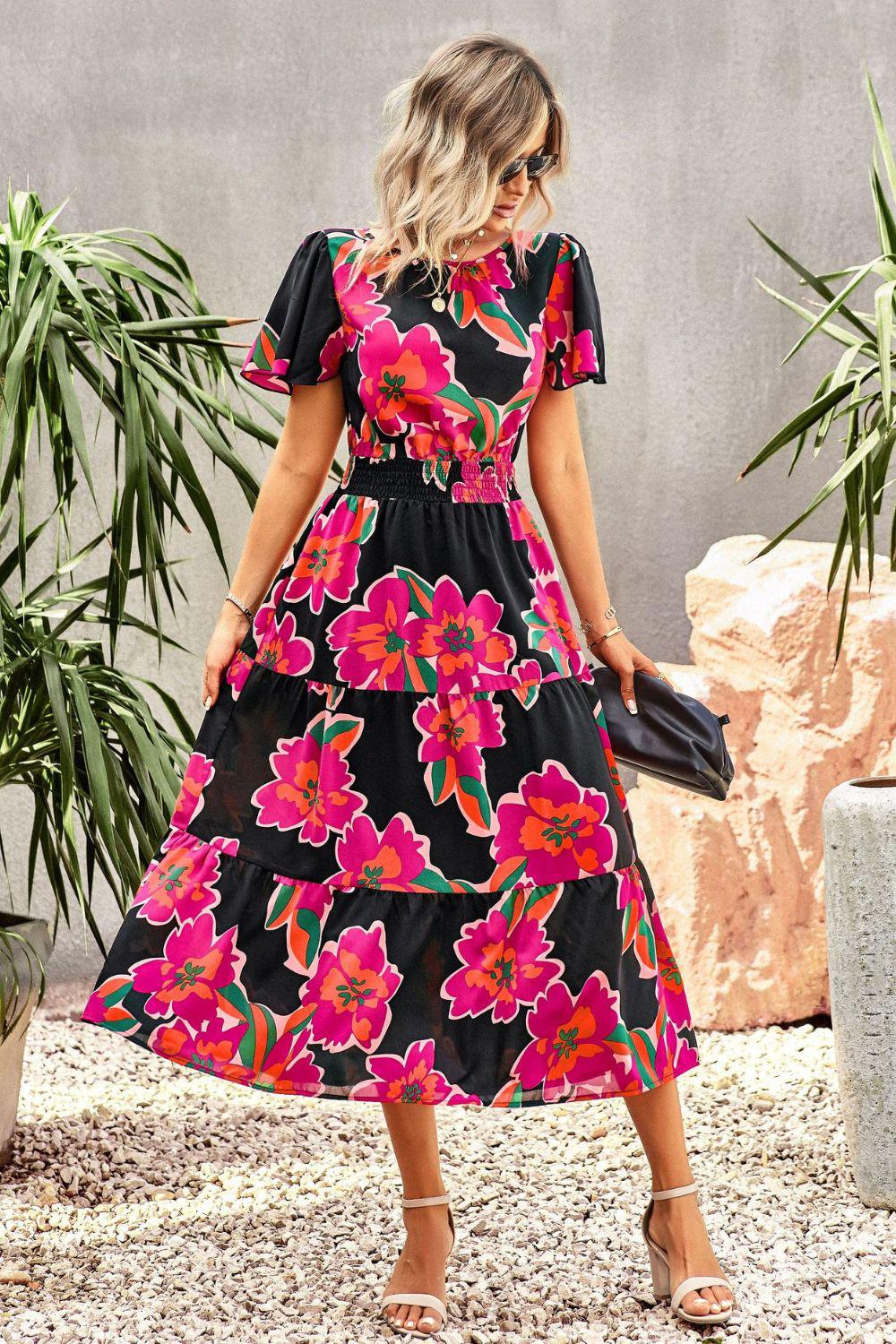 Floral Puff Sleeve Tiered Midi Dress BLUE ZONE PLANET