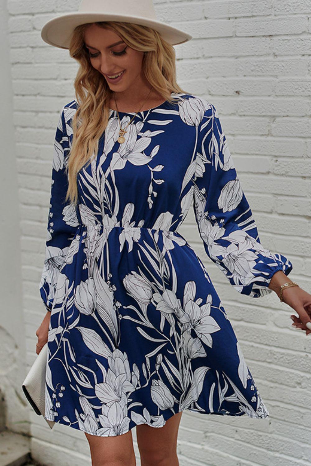 Floral Round Neck Balloon Sleeve Mini Dress BLUE ZONE PLANET