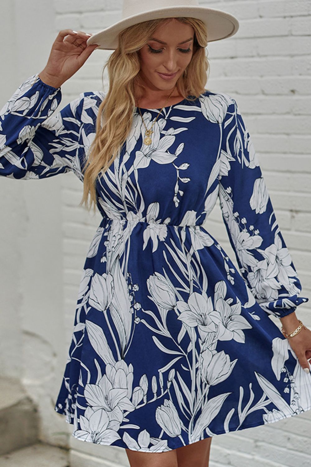 Floral Round Neck Balloon Sleeve Mini Dress BLUE ZONE PLANET