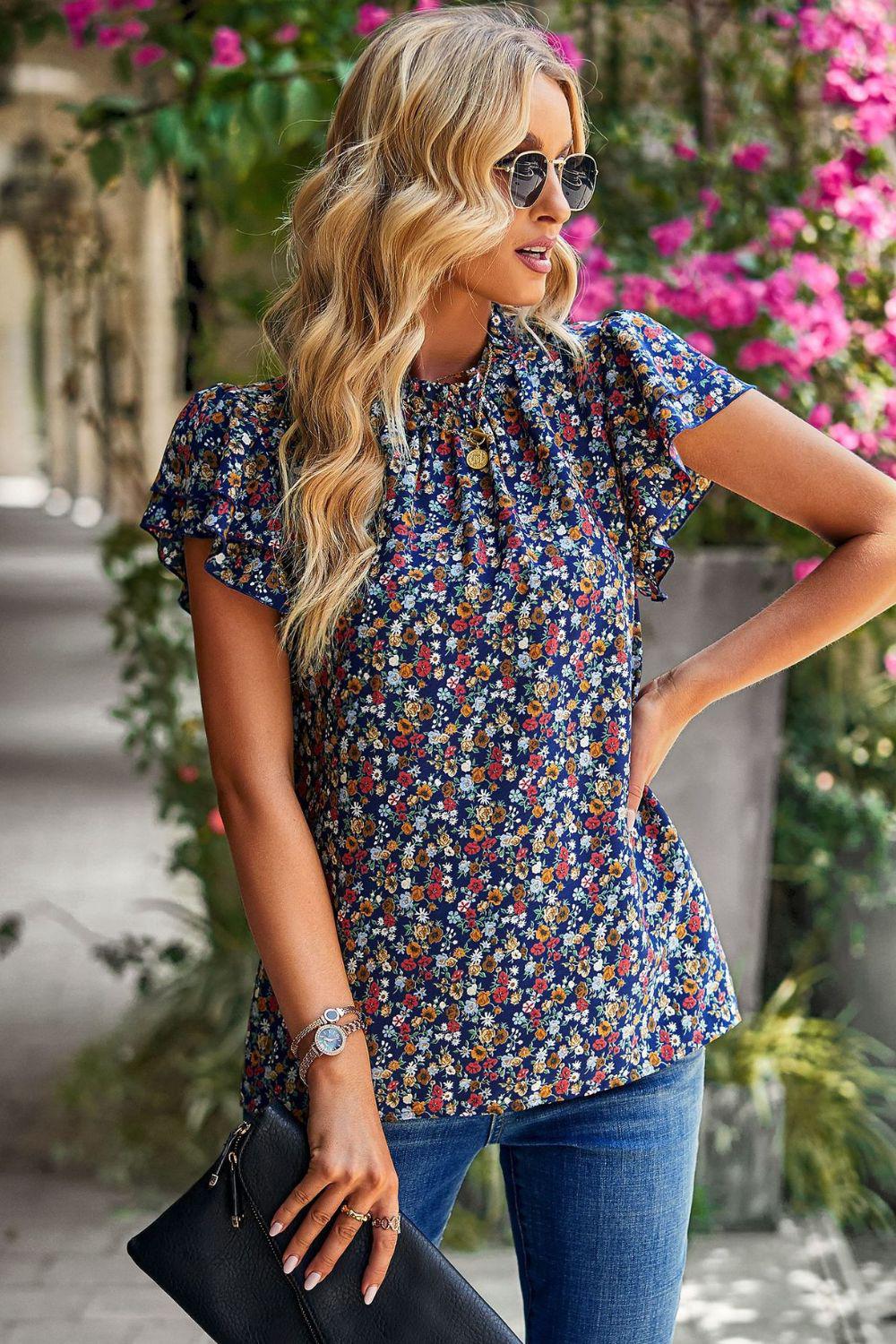 Floral Round Neck Flutter Sleeve Blouse BLUE ZONE PLANET