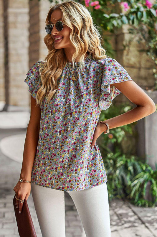 Floral Round Neck Flutter Sleeve Blouse BLUE ZONE PLANET