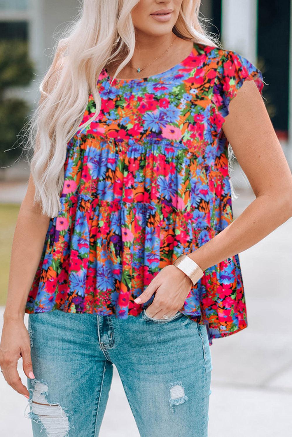 Floral Round Neck Frill Trim Blouse BLUE ZONE PLANET