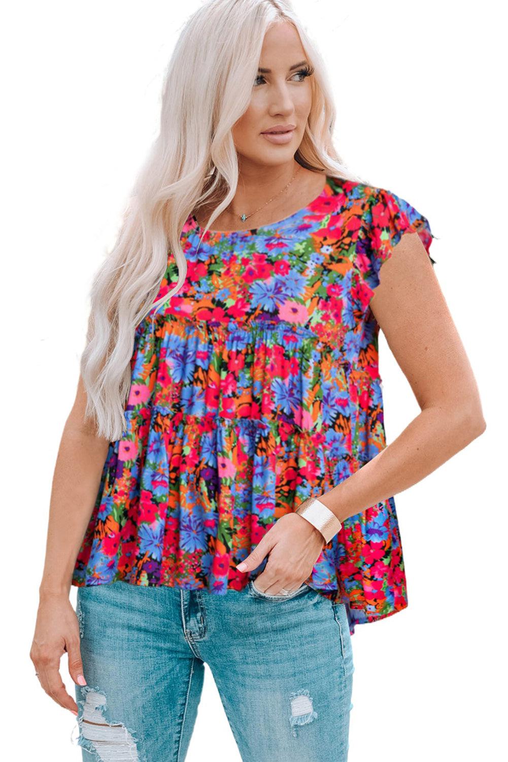 Floral Round Neck Frill Trim Blouse BLUE ZONE PLANET