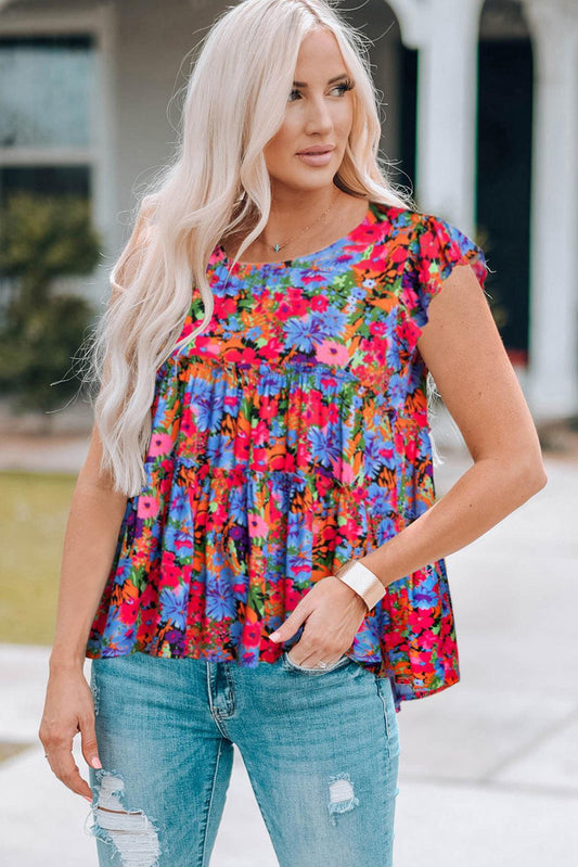 Floral Round Neck Frill Trim Blouse BLUE ZONE PLANET