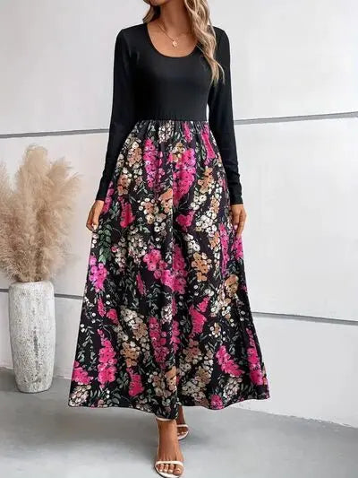 Floral Round Neck Long Sleeve Maxi Dress Trendsi