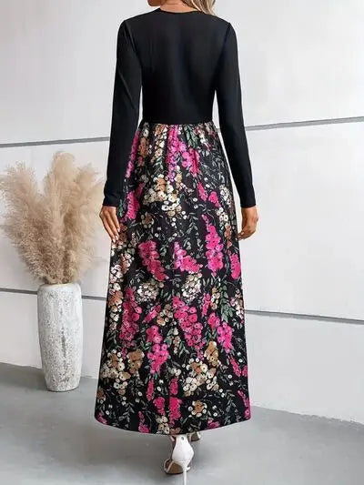 Floral Round Neck Long Sleeve Maxi Dress Trendsi