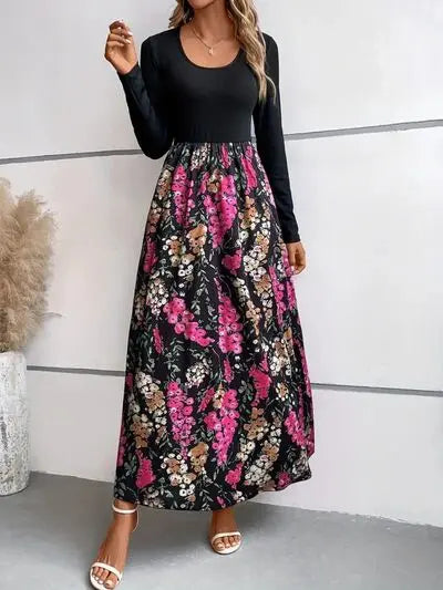 Floral Round Neck Long Sleeve Maxi Dress Trendsi