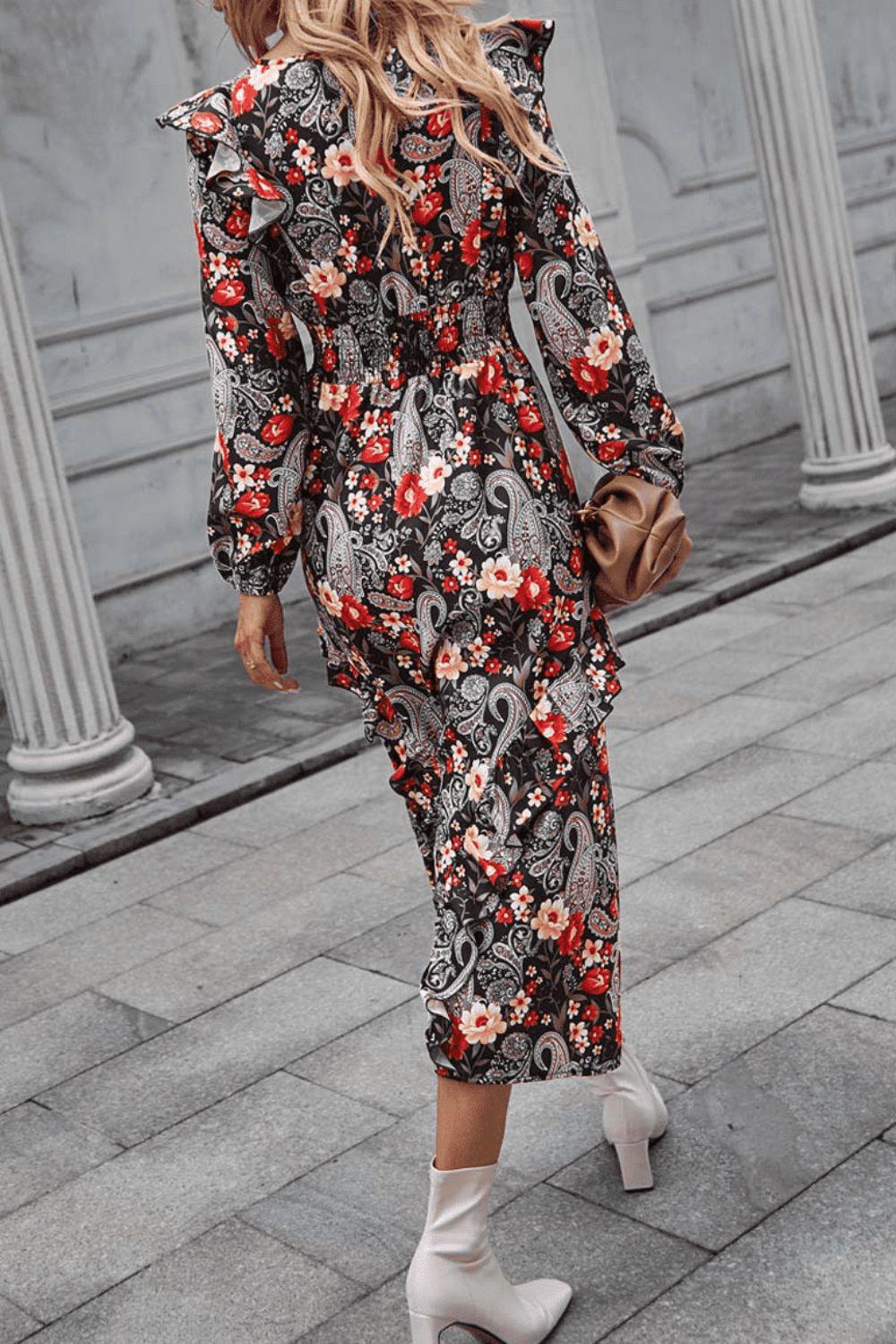 Floral Round Neck Long Sleeve Midi Dress BLUE ZONE PLANET
