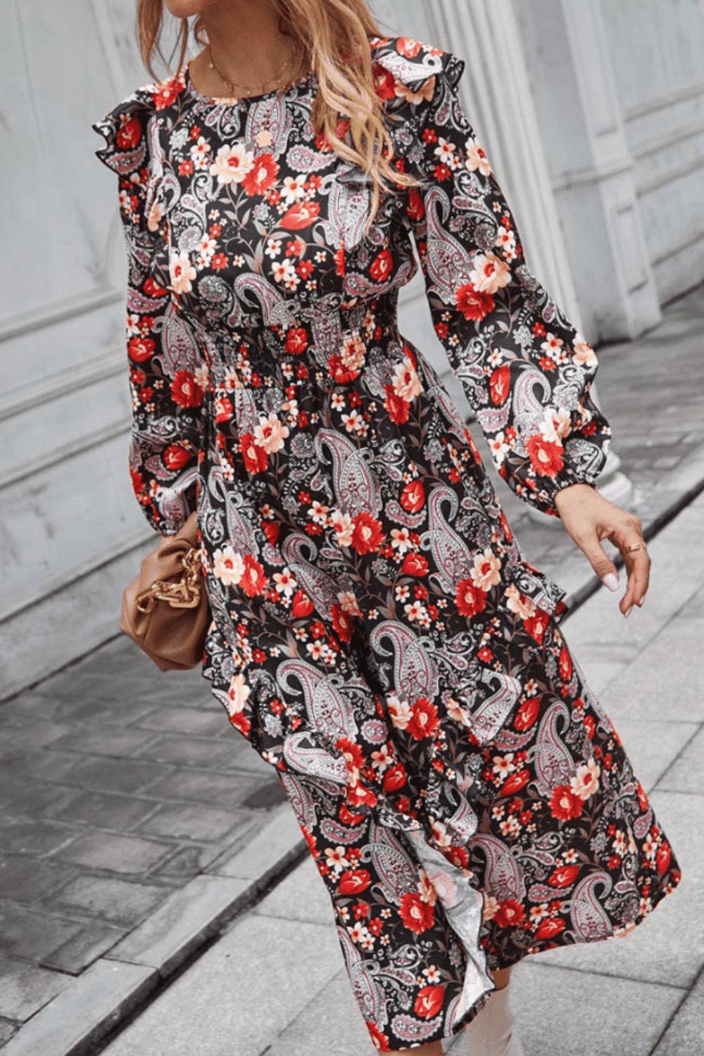 Floral Round Neck Long Sleeve Midi Dress BLUE ZONE PLANET