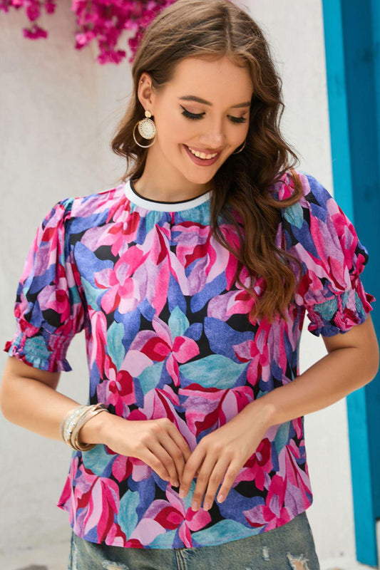 Floral Round Neck Puff Sleeve Top BLUE ZONE PLANET