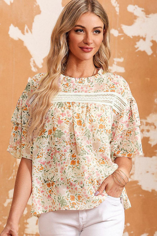 Floral Round Neck Short Sleeve Blouse BLUE ZONE PLANET