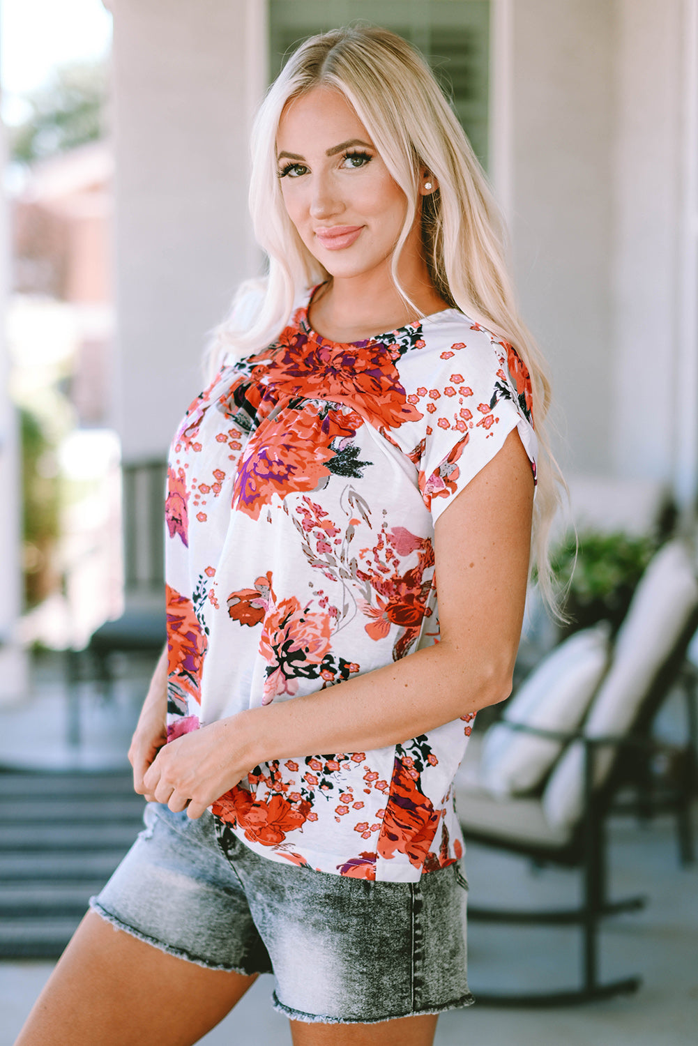 Floral Round Neck Short Sleeve Top BLUE ZONE PLANET