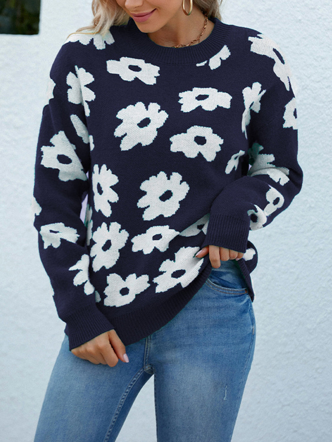 Floral Round Neck Sweater-TOPS / DRESSES-[Adult]-[Female]-2022 Online Blue Zone Planet