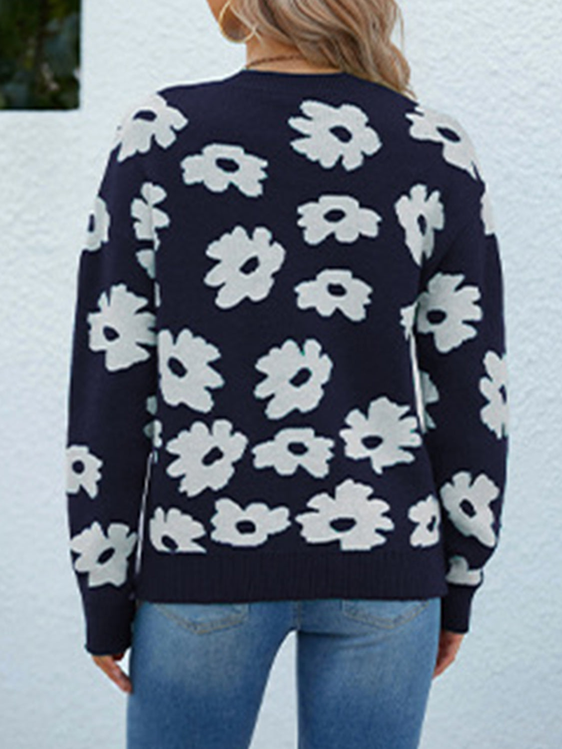 Floral Round Neck Sweater BLUE ZONE PLANET