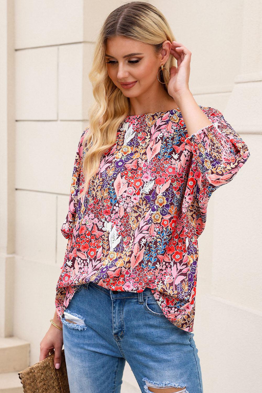 Floral Round Neck Three-Quarter Sleeve Top BLUE ZONE PLANET
