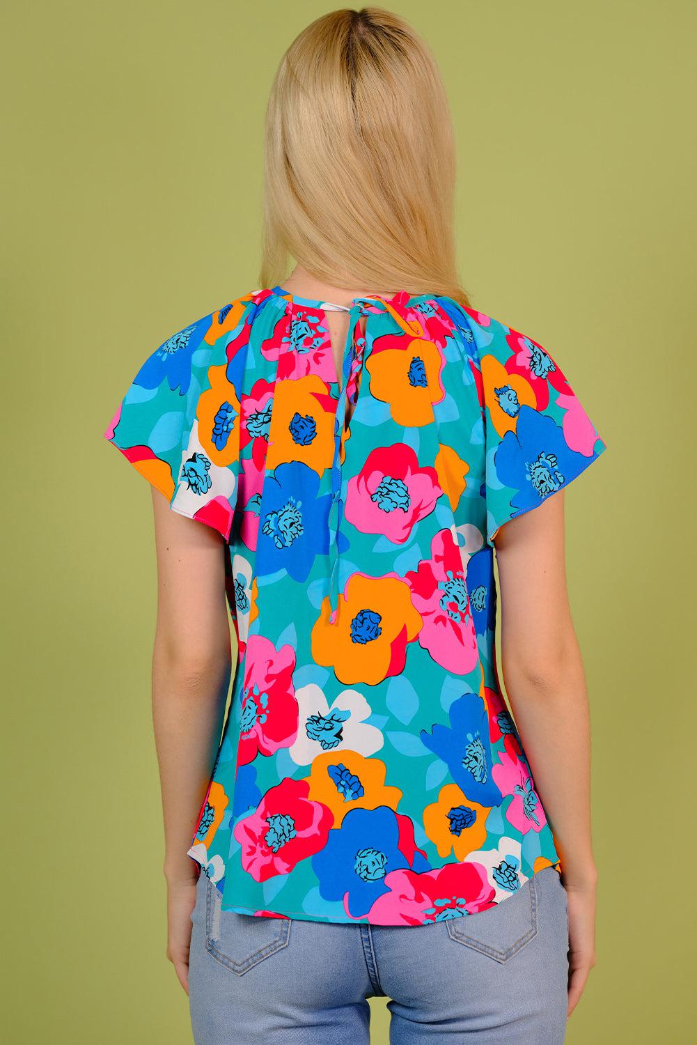 Floral Round Neck Tied Blouse BLUE ZONE PLANET