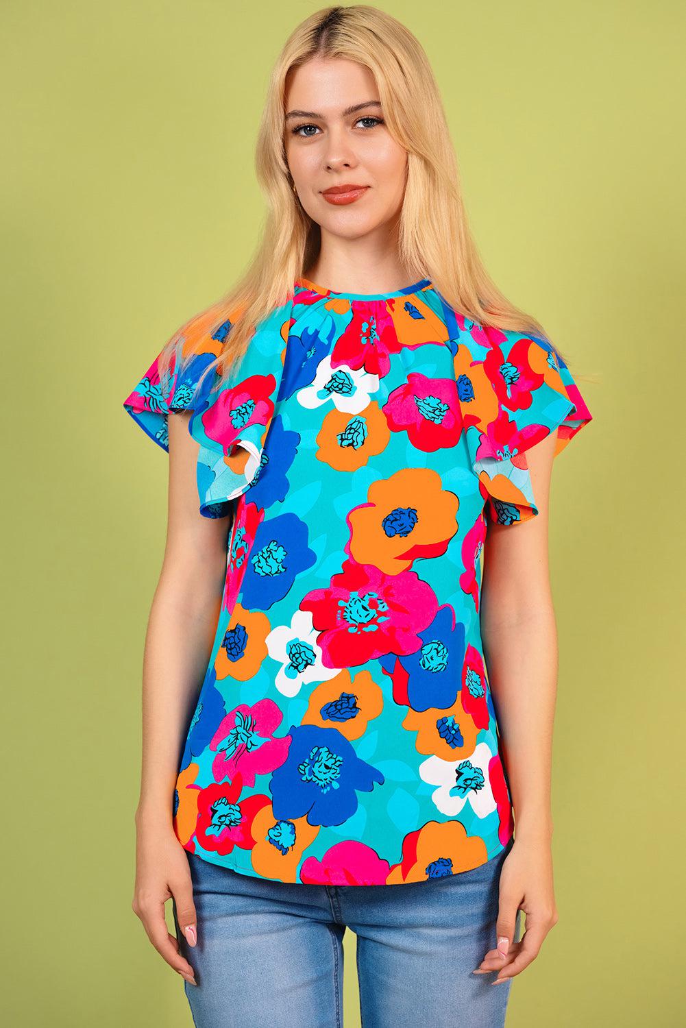 Floral Round Neck Tied Blouse BLUE ZONE PLANET