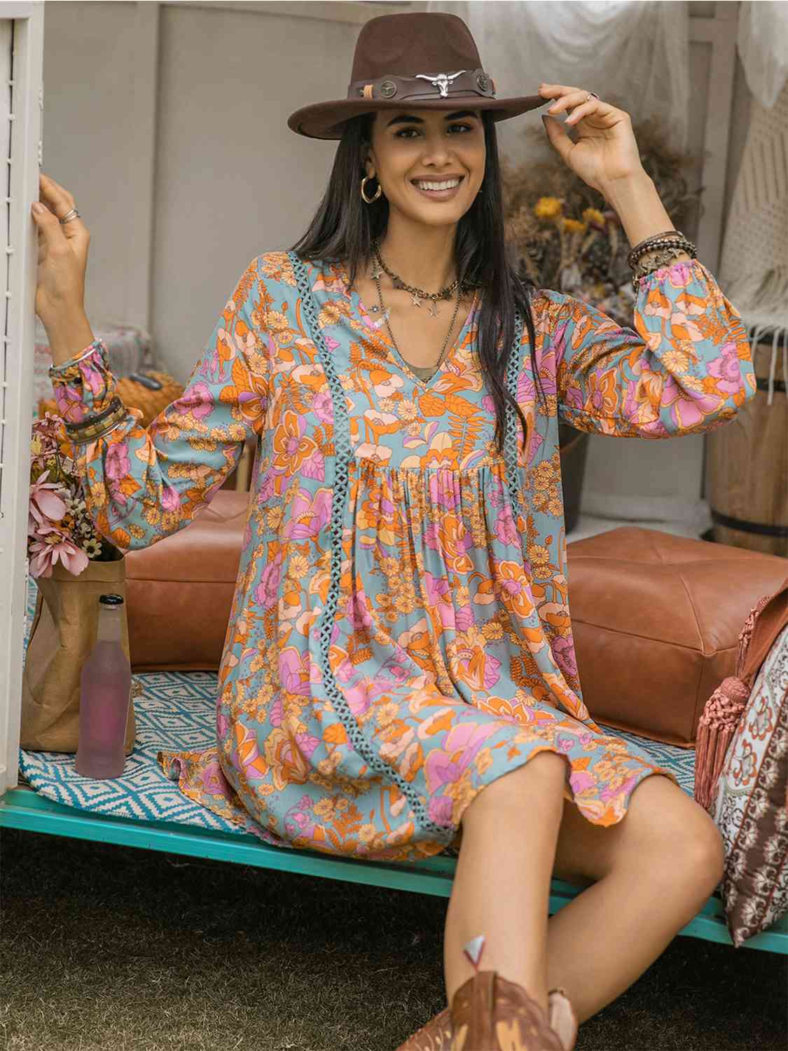 Floral Ruched V-Neck Long Sleeve Dress BLUE ZONE PLANET