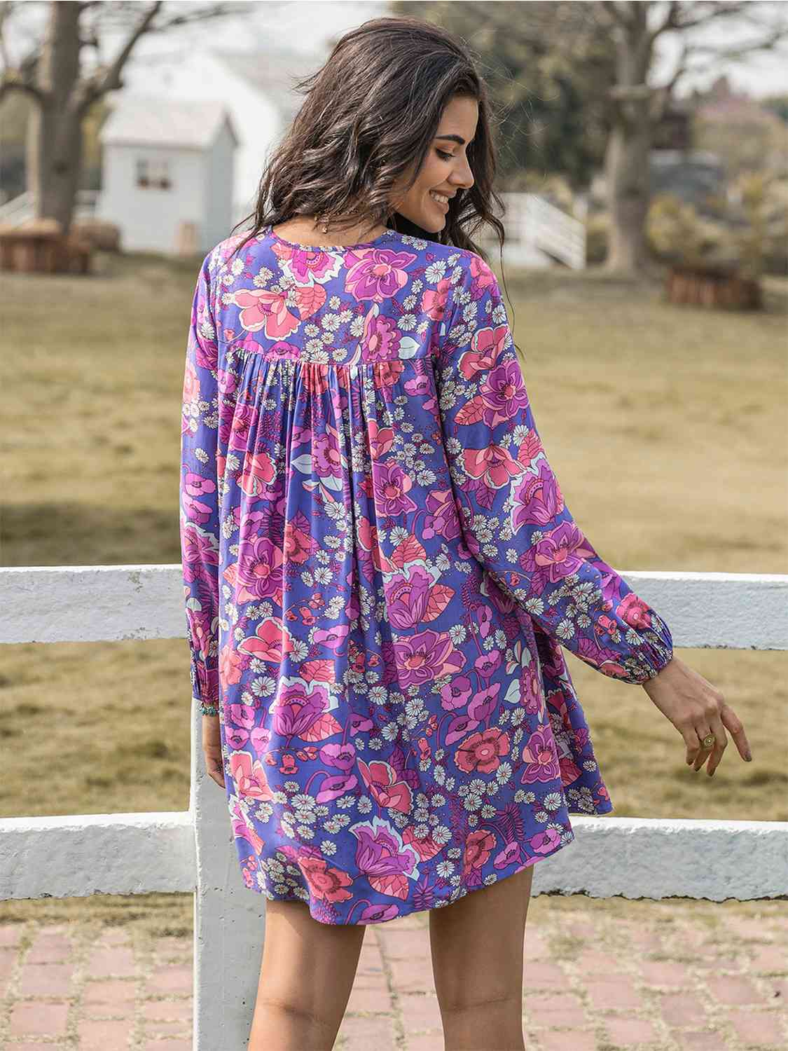 Floral Ruched V-Neck Long Sleeve Dress BLUE ZONE PLANET