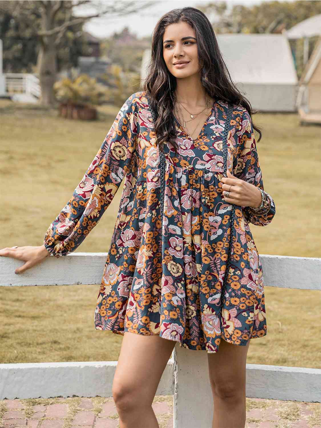 Floral Ruched V-Neck Long Sleeve Dress BLUE ZONE PLANET