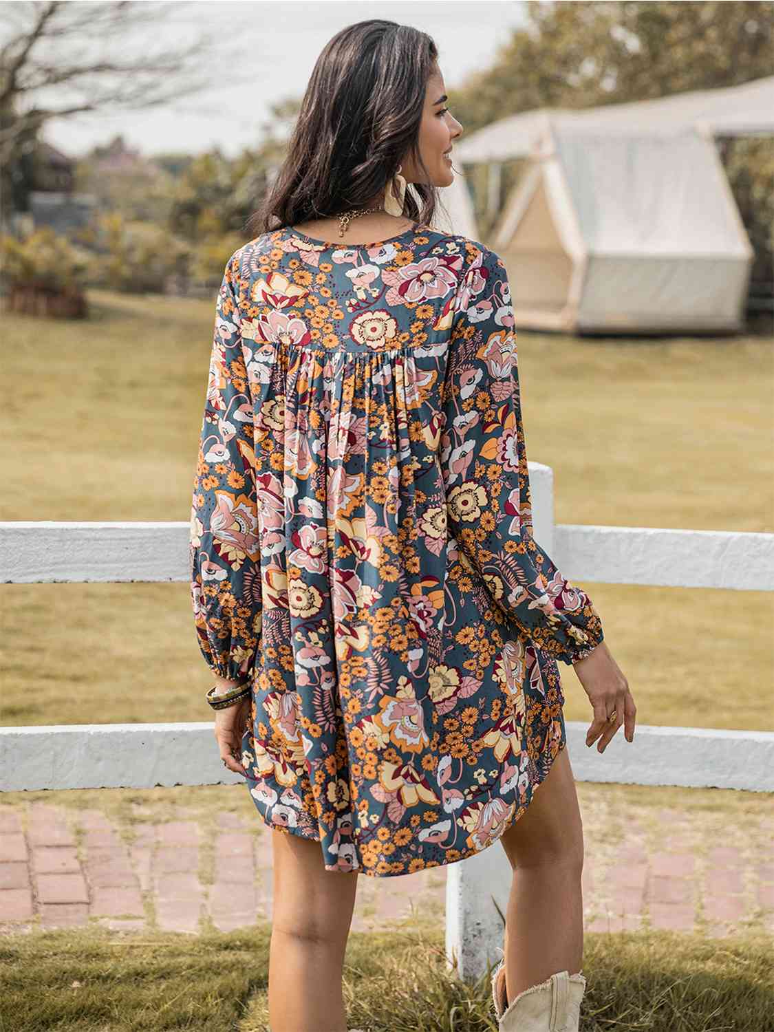 Floral Ruched V-Neck Long Sleeve Dress BLUE ZONE PLANET