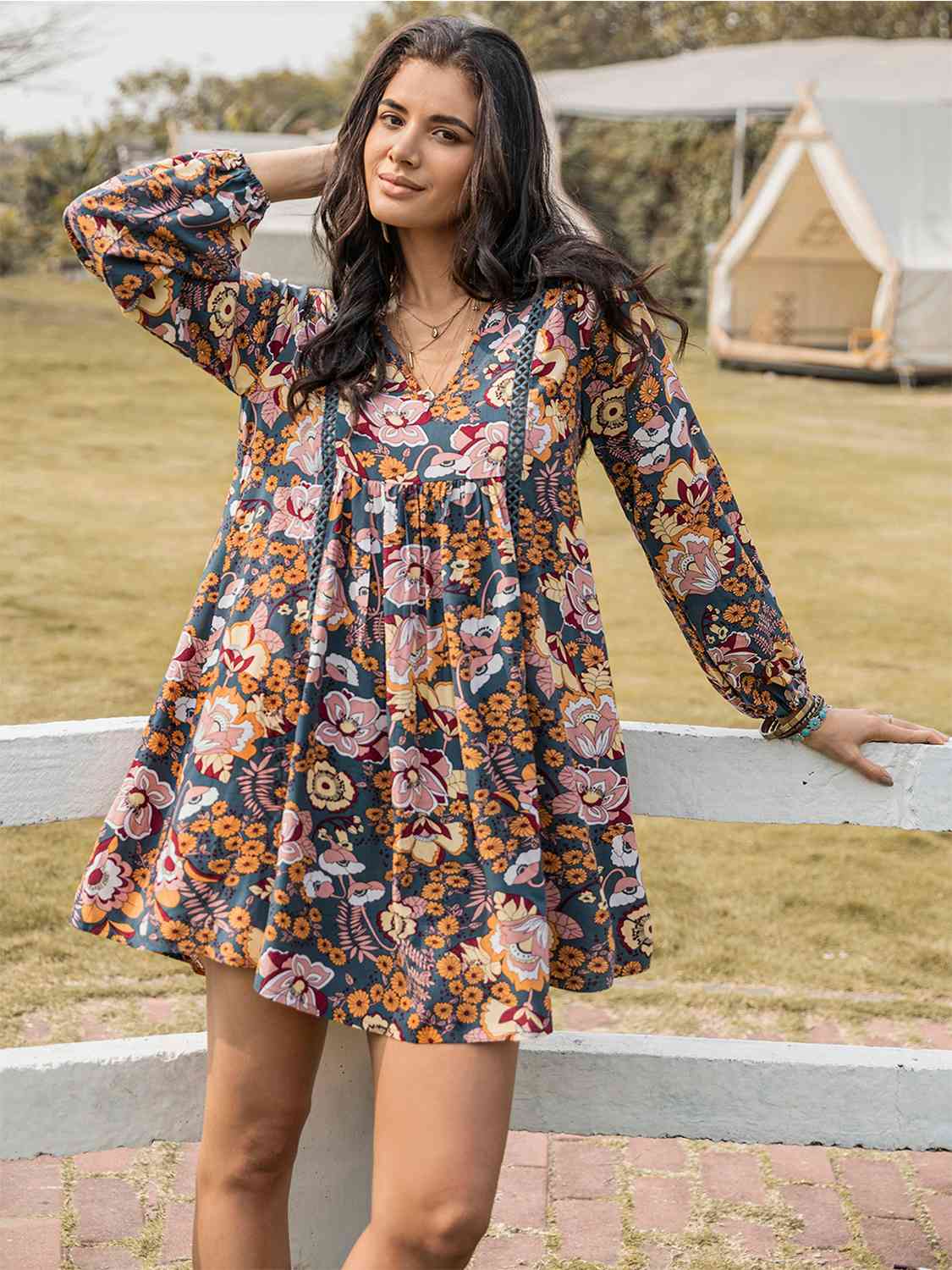 Floral Ruched V-Neck Long Sleeve Dress BLUE ZONE PLANET