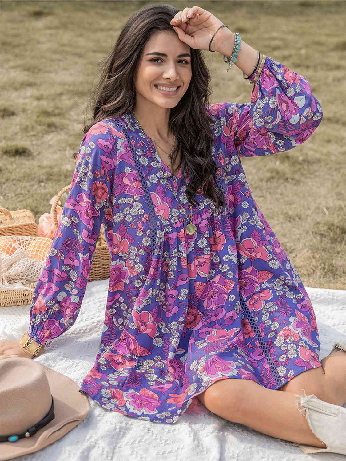 Floral Ruched V-Neck Long Sleeve Dress BLUE ZONE PLANET