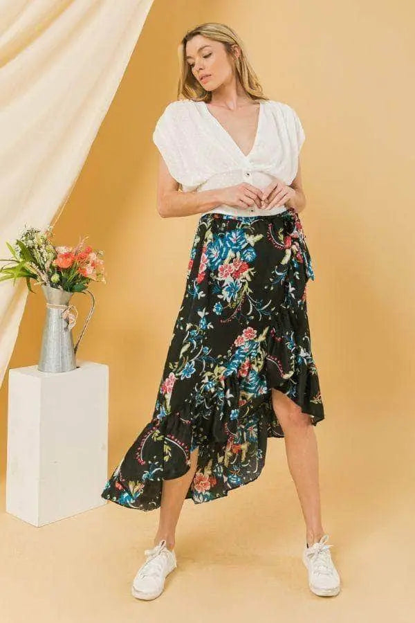 Floral Ruffle Skirt With Trim High-Low Blue Zone Planet