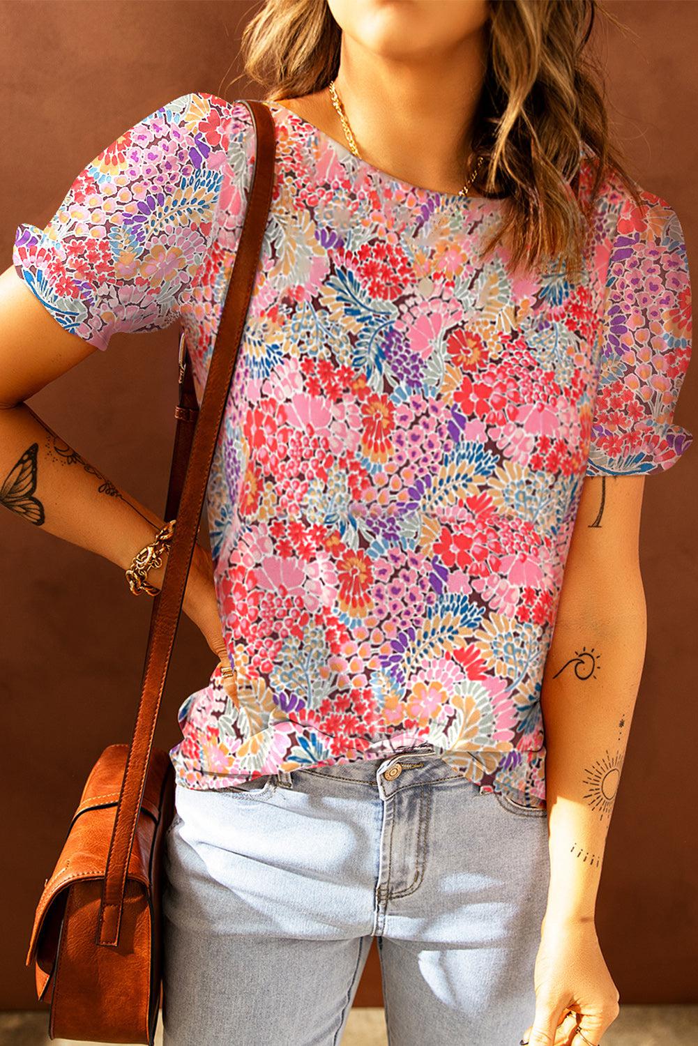 Floral Short Flounce Sleeve Blouse BLUE ZONE PLANET