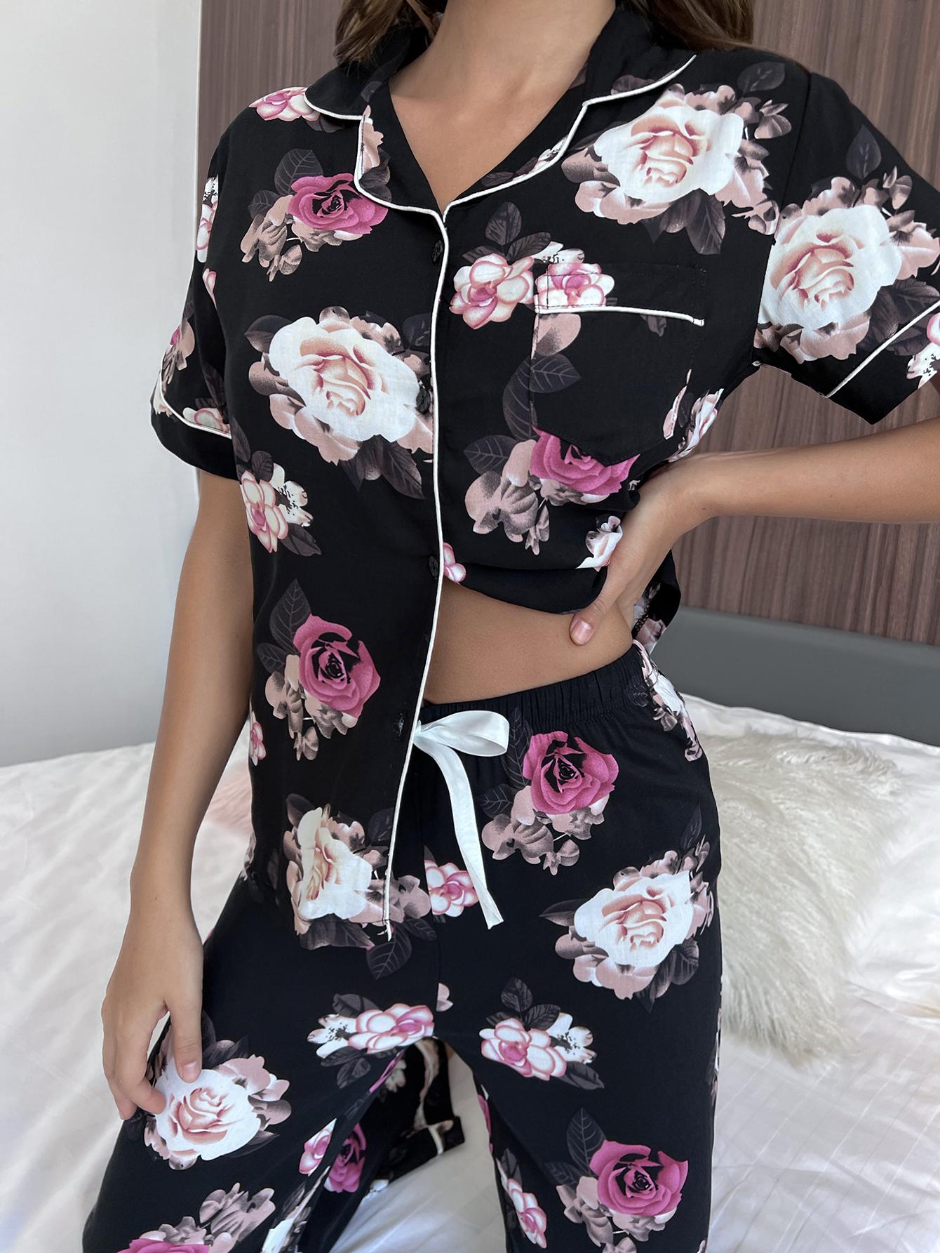Floral Short Sleeve Shirt and Pants Lounge Set BLUE ZONE PLANET
