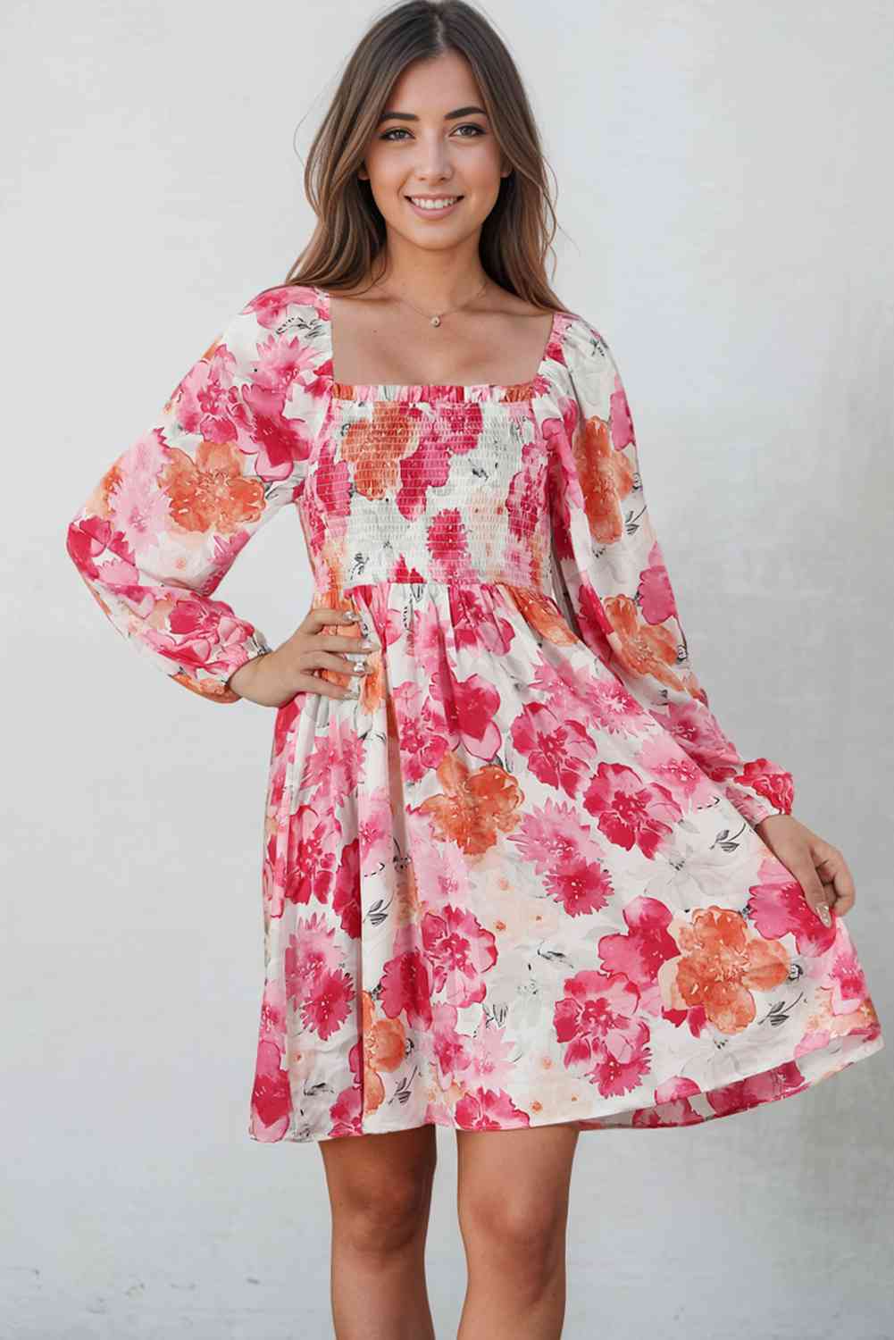 Floral Smocked Square Neck Long Sleeve Dress BLUE ZONE PLANET