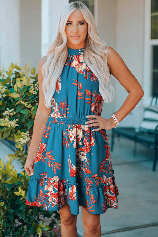 Floral Smocked Waist Sleeveless Dress BLUE ZONE PLANET