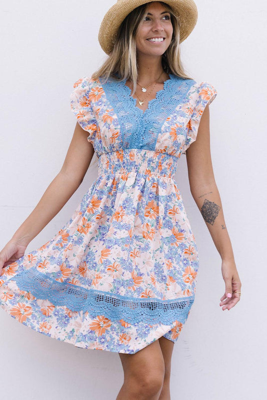 Floral Smocked Waist Spliced Lace Dress BLUE ZONE PLANET