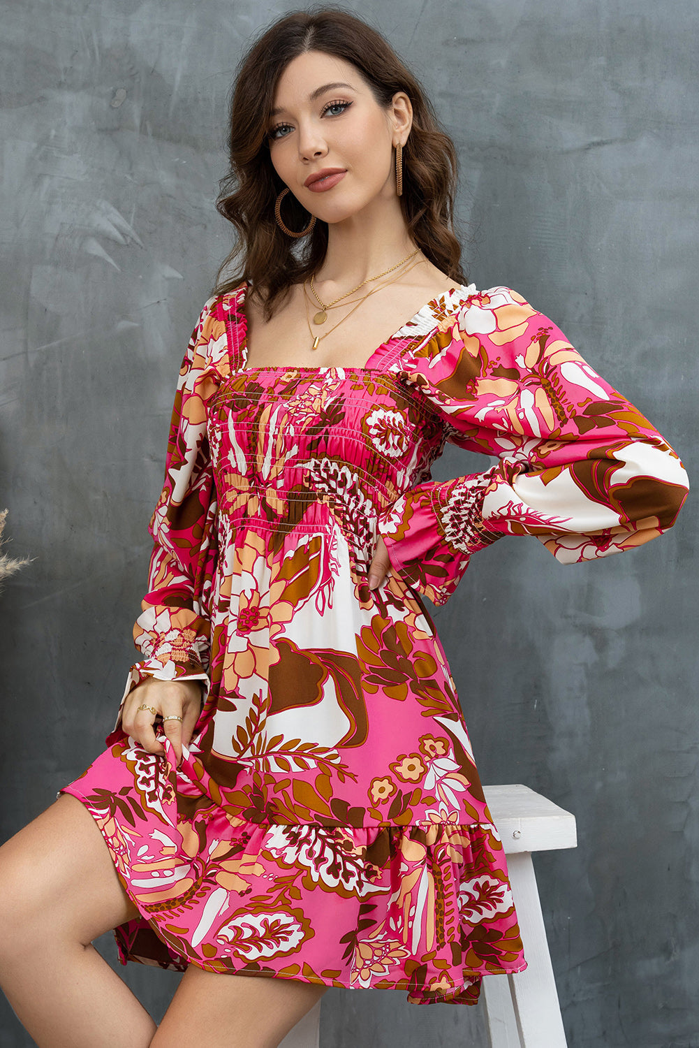 Floral Square Neck Flounce Sleeve Dress BLUE ZONE PLANET