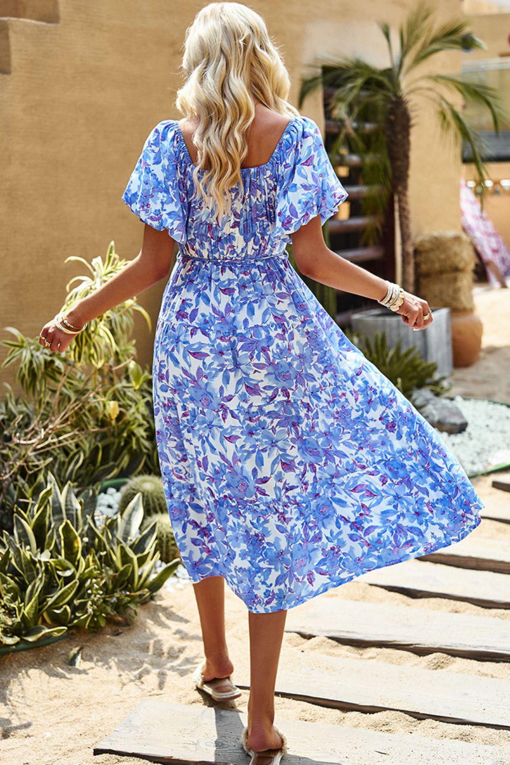 Floral Square Neck Tiered Midi Dress BLUE ZONE PLANET