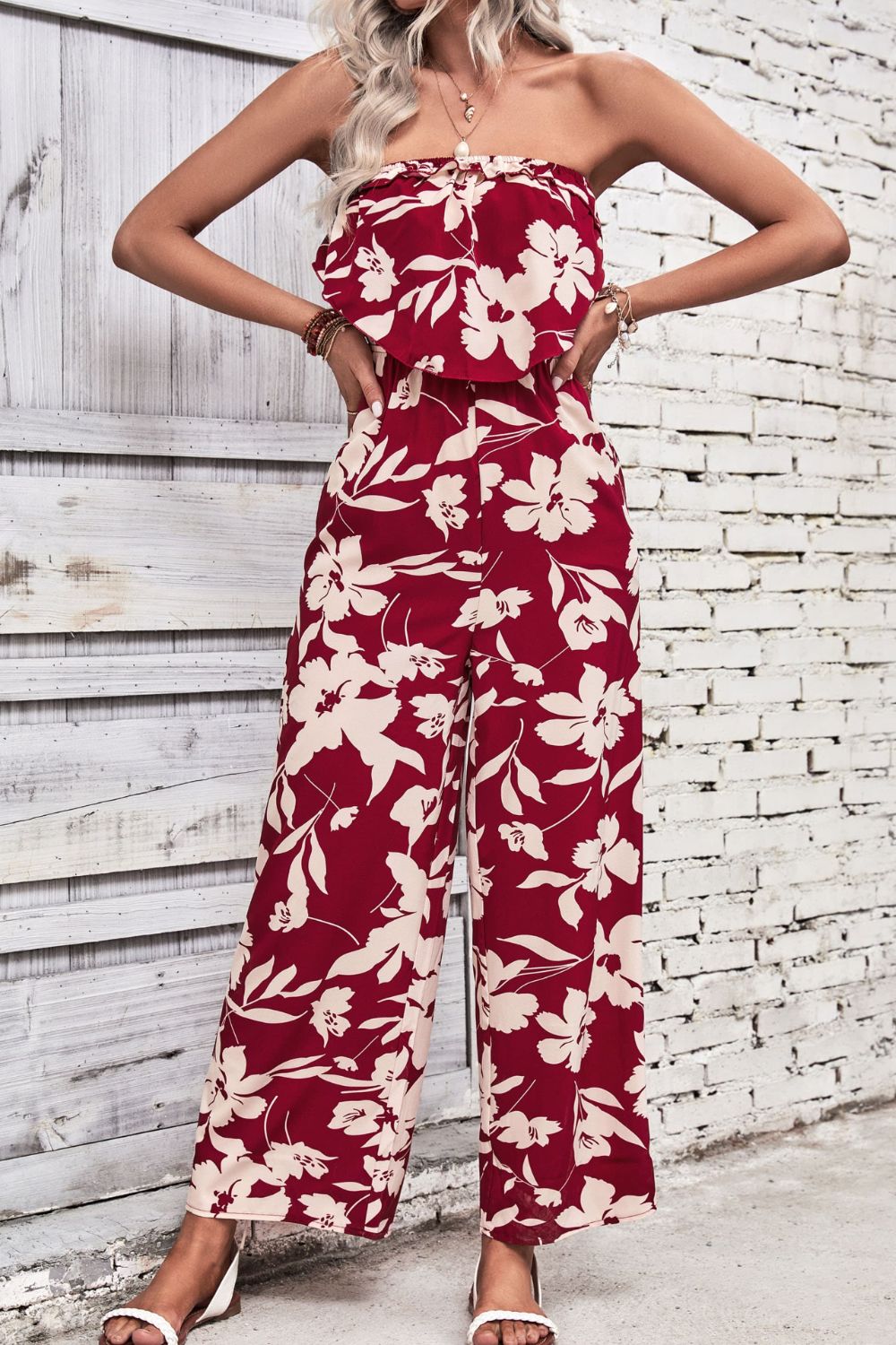 Floral Strapless Wide Leg Jumpsuit BLUE ZONE PLANET