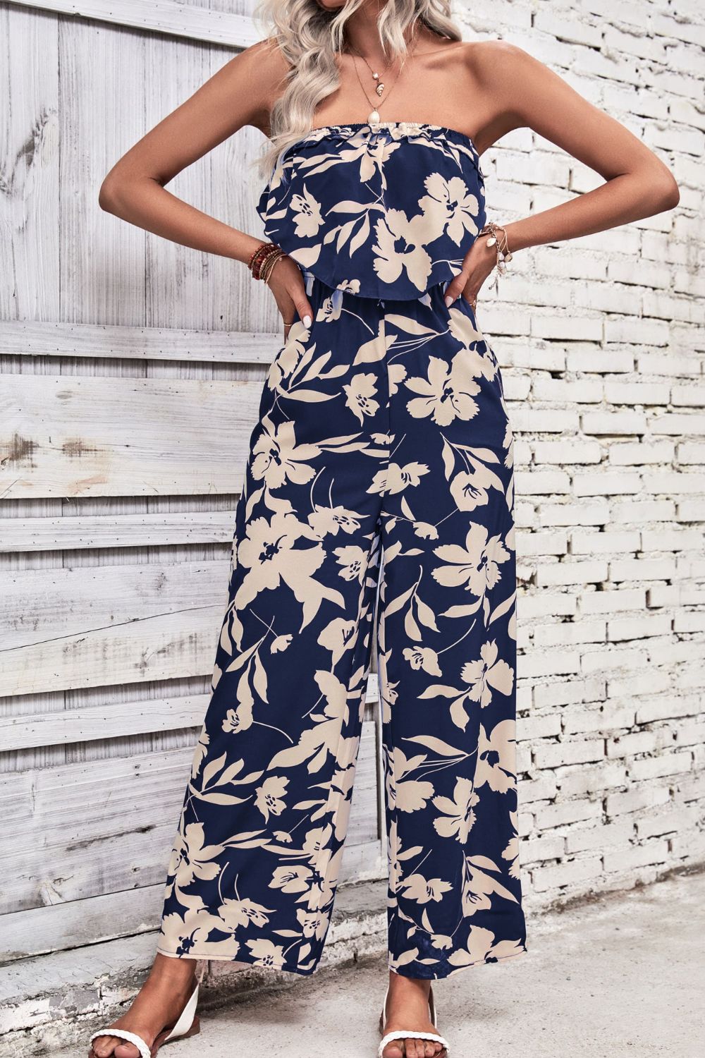 Floral Strapless Wide Leg Jumpsuit BLUE ZONE PLANET