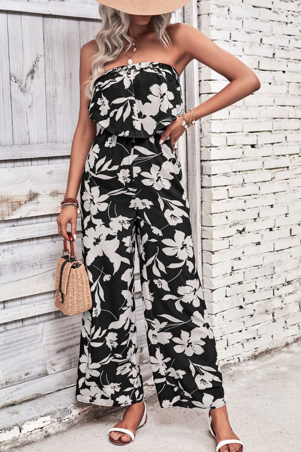 Floral Strapless Wide Leg Jumpsuit BLUE ZONE PLANET