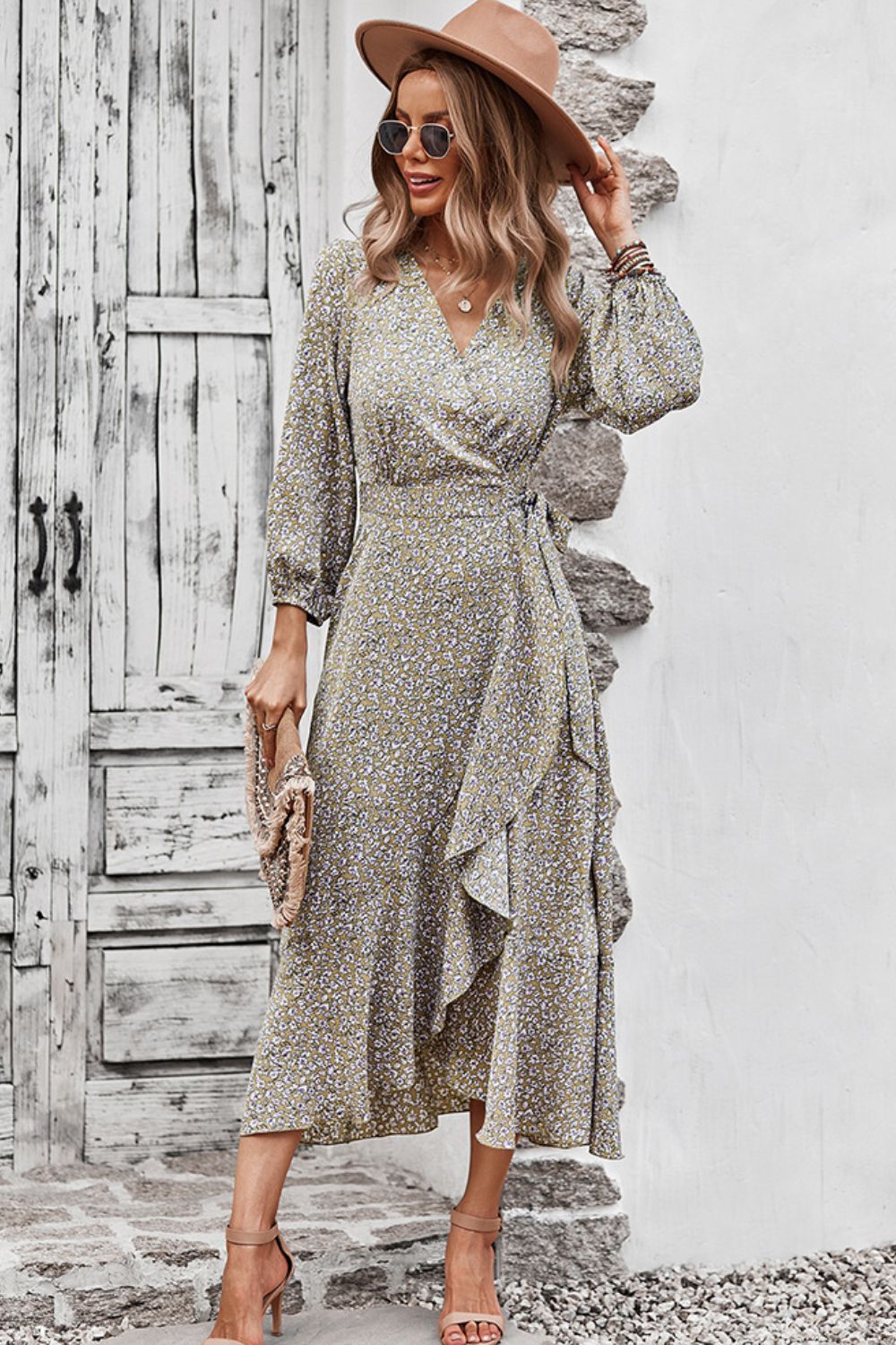 Floral Surplice Neck Long Sleeve Dress-TOPS / DRESSES-[Adult]-[Female]-2022 Online Blue Zone Planet