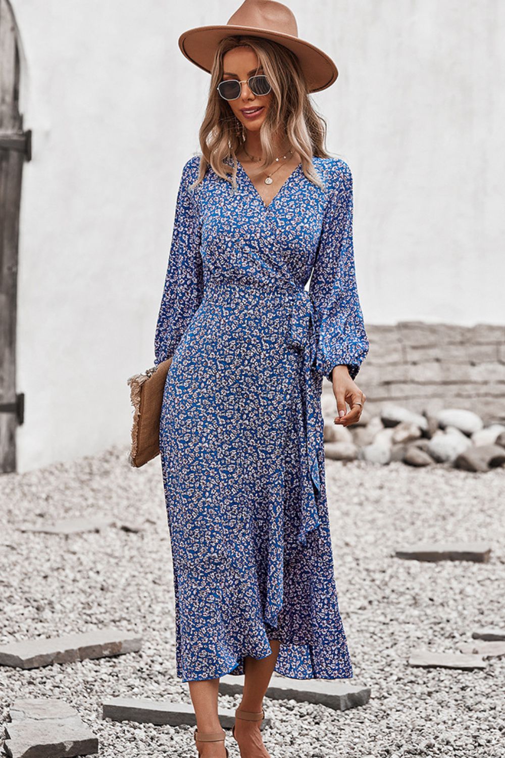 Floral Surplice Neck Long Sleeve Dress-TOPS / DRESSES-[Adult]-[Female]-2022 Online Blue Zone Planet