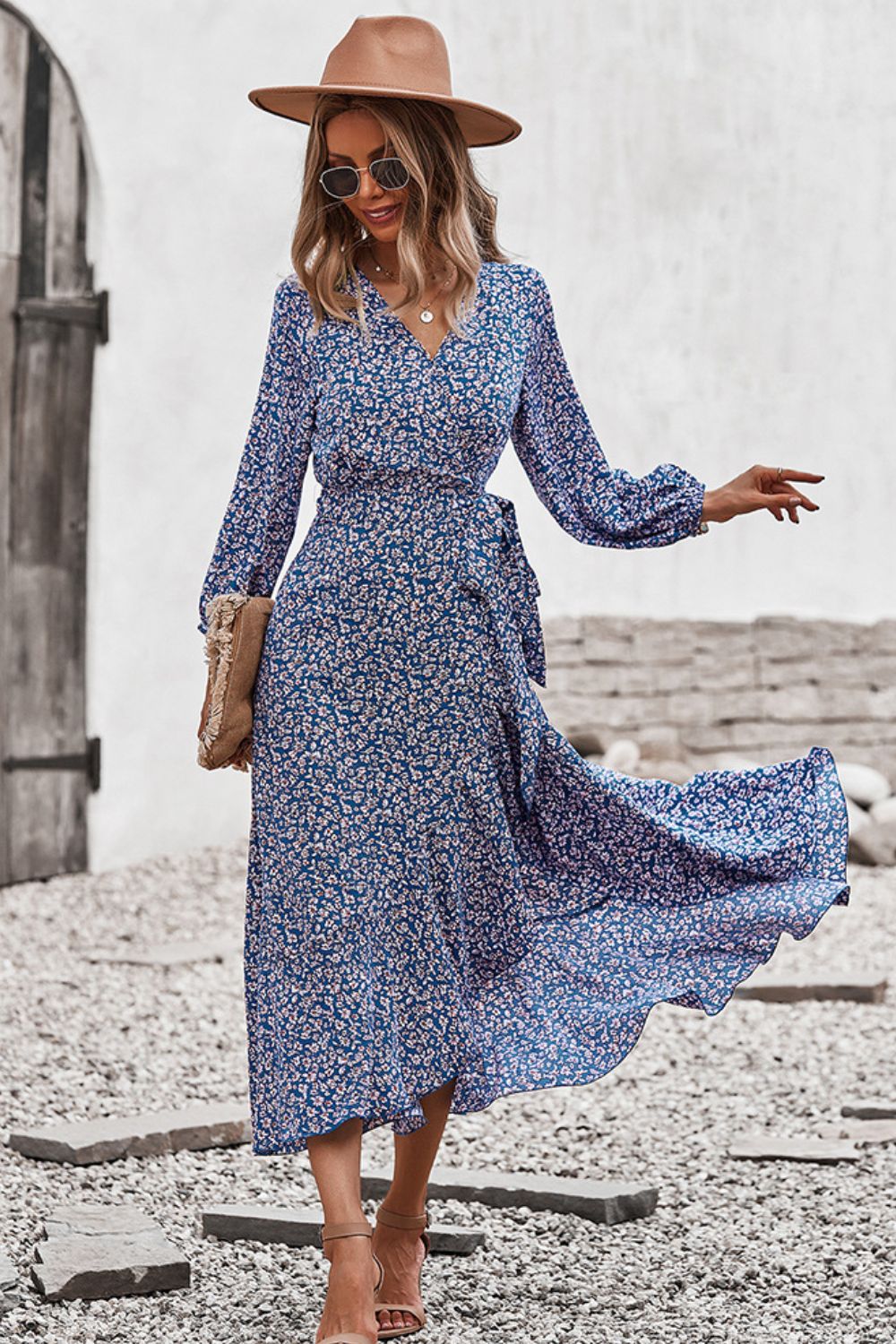 Floral Surplice Neck Long Sleeve Dress-TOPS / DRESSES-[Adult]-[Female]-2022 Online Blue Zone Planet